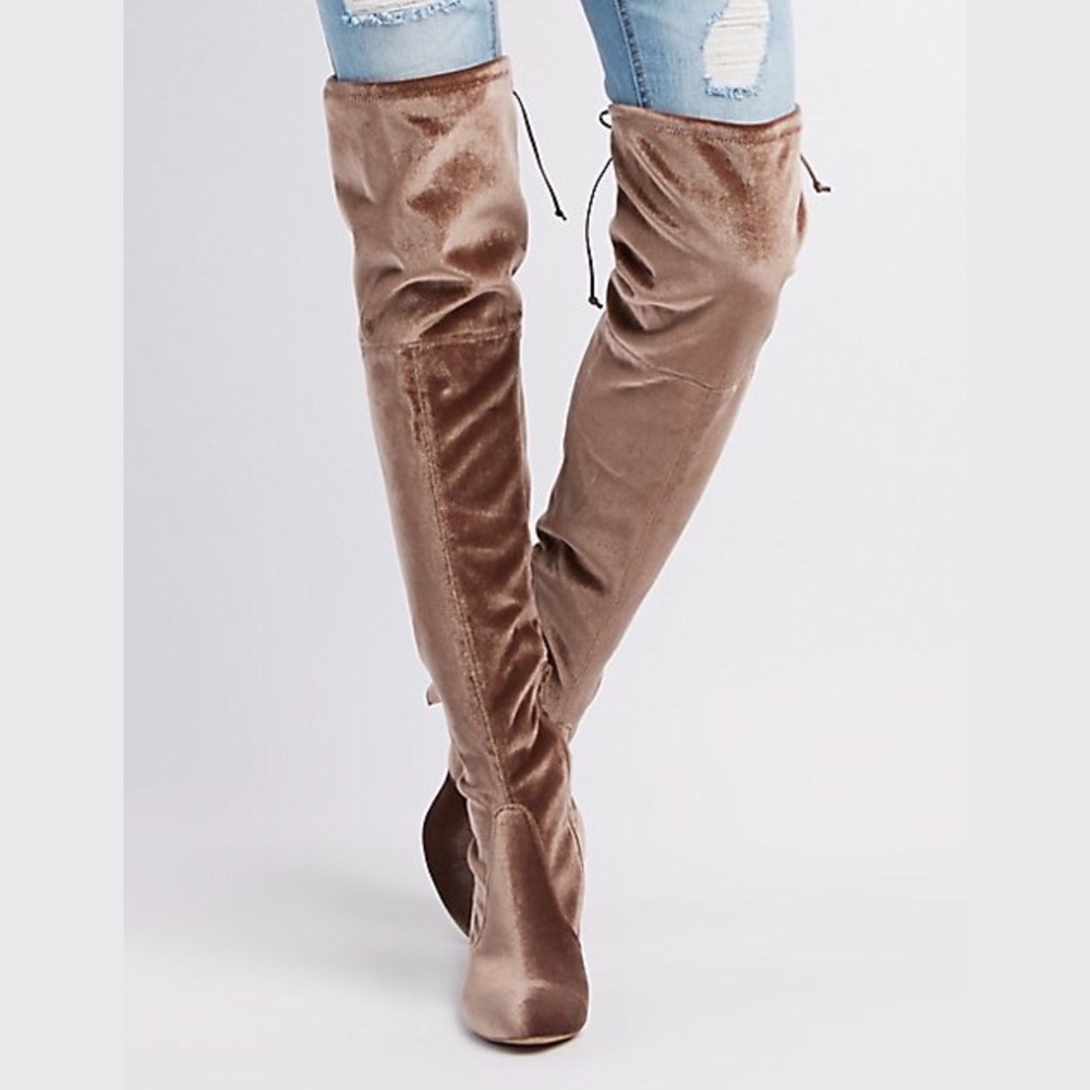 velvet taupe tie back over the knee heel boots